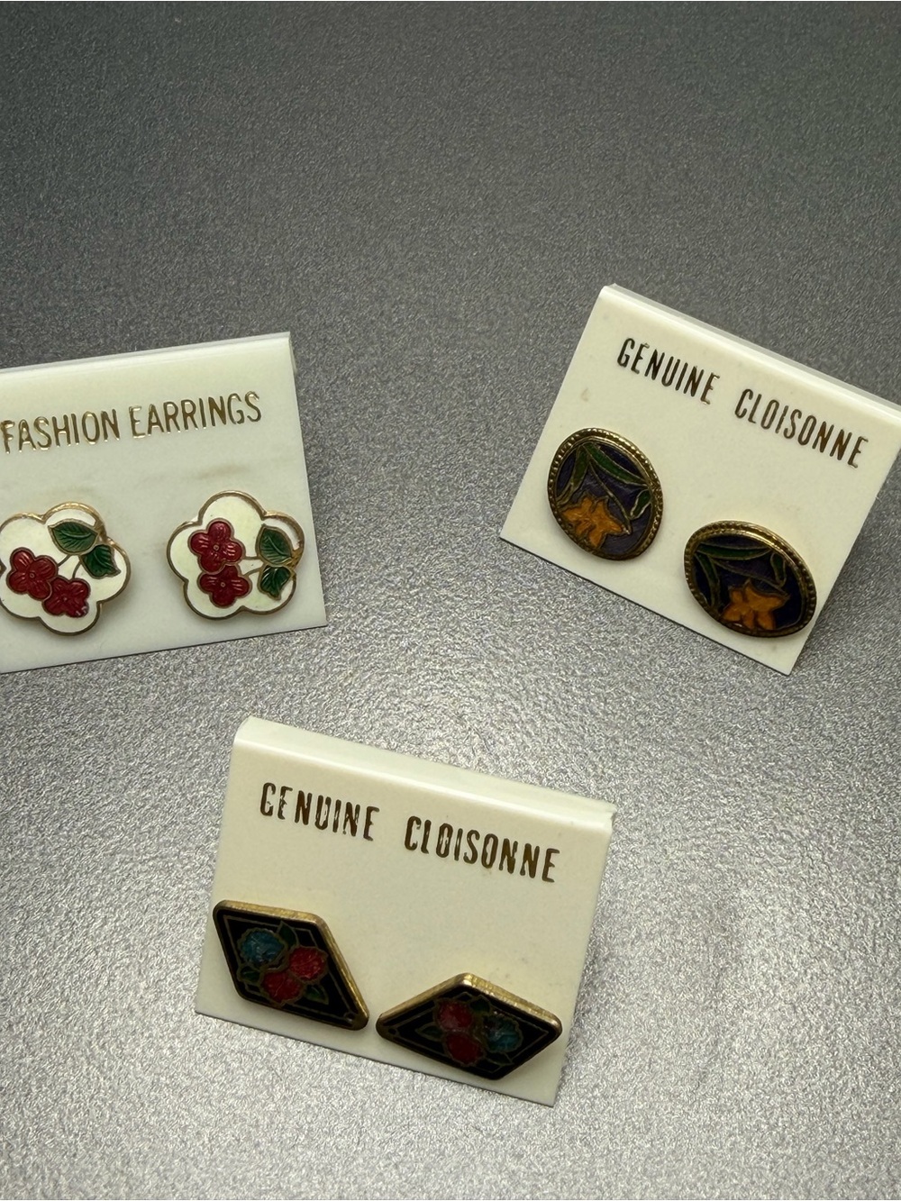 Gold-Tone Cloisonné Floral Stud Earrings 3 pair pierced